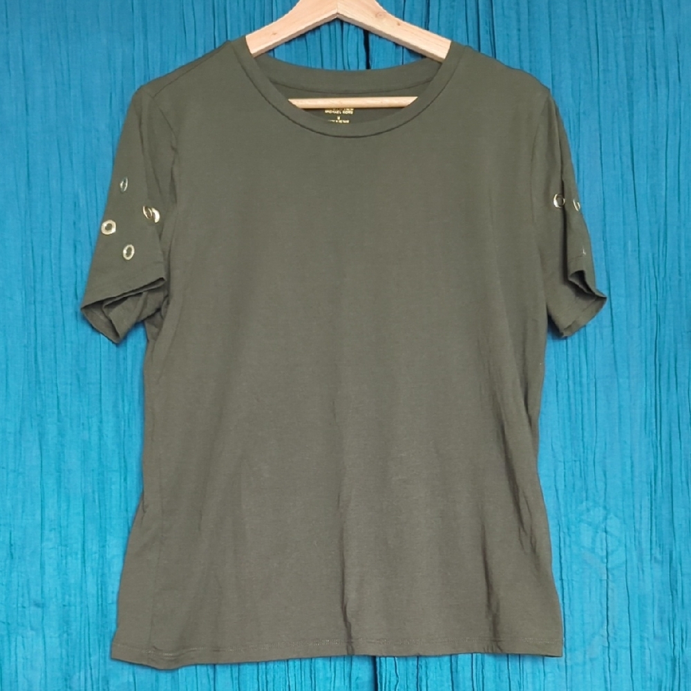 Michael Kors Dark Green Short Sleeve T-shirt With Studded Sleeves Size M